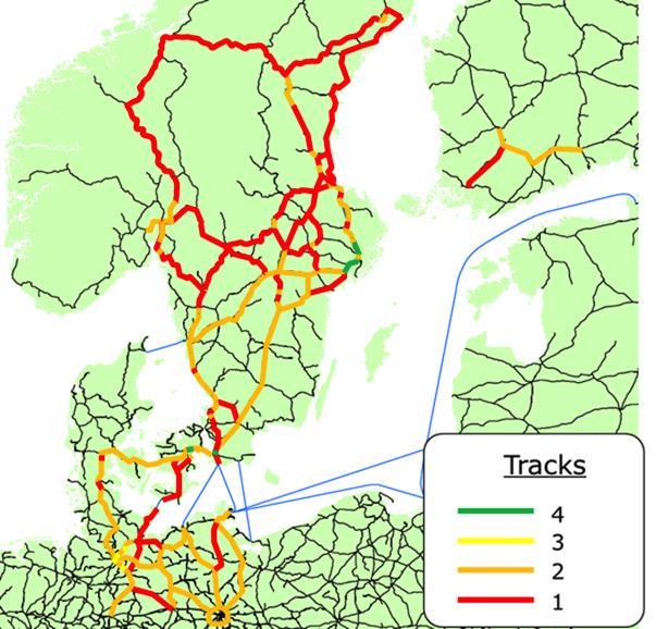 Figur 3.3. Enkelspår, dubbelspår och fyrspår järnvägsnätet i Skandinavien.