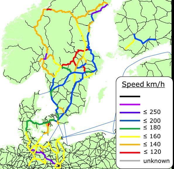 Figur 3.4. Hastighetsstandard på järnvägsnätet i Skandinavien.