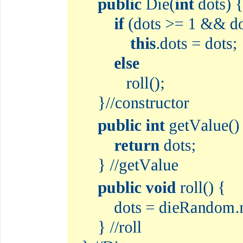 oss kalla denna metod för roll: public void roll() kastar tärningen För att läsa av tärningens värde behövs en instansmetod som returnerar värdet av instansvariabeln