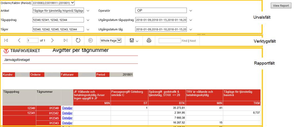 4 Rapportfönster (rapporternas uppbyggnad) Rapportfönstret består av tre delar: - Urvalsfält - Verktygsfält - Rapportfält Bild 15, rapportfönster med dess tre delar. 4.