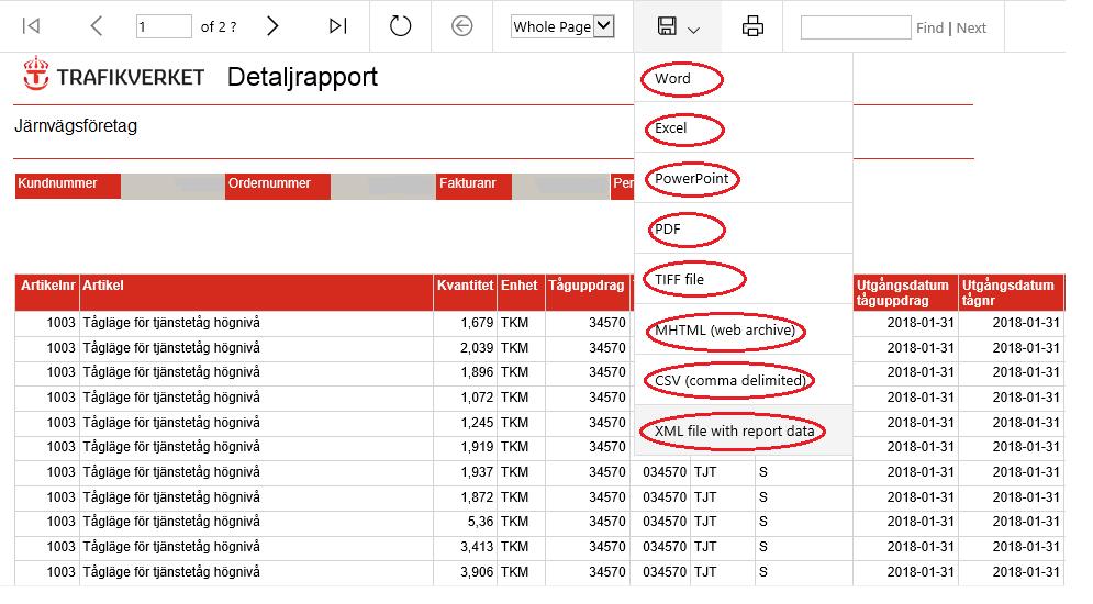 6 Export av rapportinnehåll Rapportinnehåll kan exporteras till olika format.