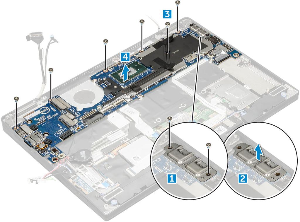 Installera moderkortet 1 Rikta in moderkortet med skruvhållarna i datorn. 2 Sätt tillbaka M2.0 3.0-skruvarna som håller fast moderkortet i datorn. 3 Placera USB Type-C-fästet på Type C-modulen.