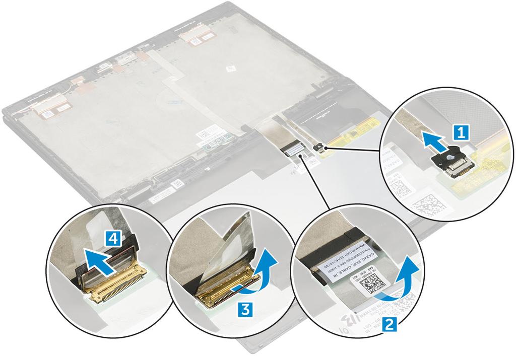 5 Koppla bort kablarna: a G-sensors kabel[1]. b Dra bort tejpen som håller fast bildskärmskabeln [2].