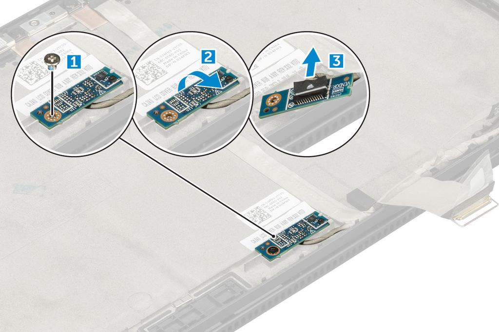 Installera G-sensorkortet 1 Placera G-sensorkortet på bildskärmskåpan. 2 Anslut bildskärmskabeln till G-sensorkortet. 3 Vänd på G-sensorkortet så att den passar med skruvhållaren på bildskärmskåpan.