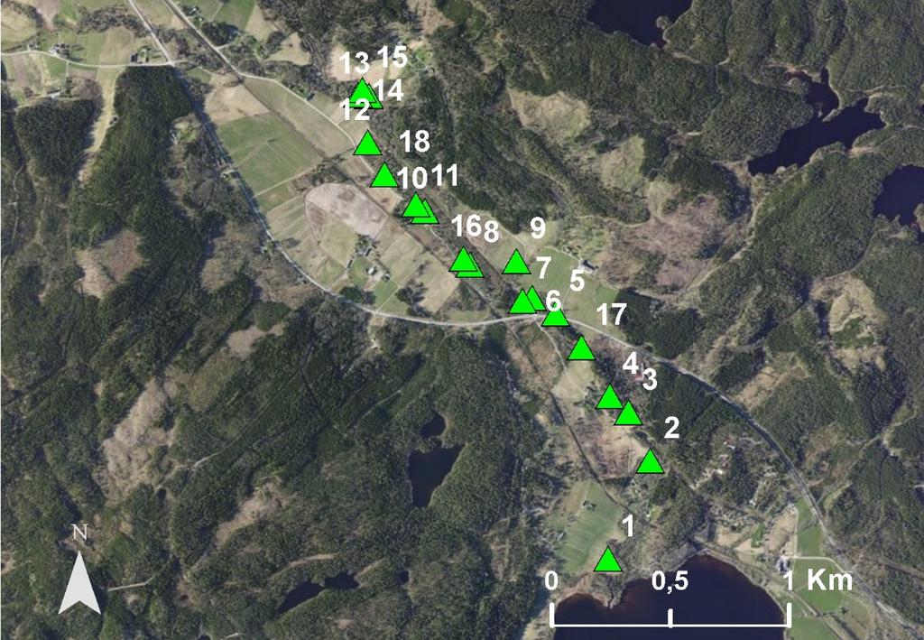 3.5. Teåkersälven Figur 10. Karta över de 18 lokaler som finns i Teåkersälven. Vattendraget inventerades 2016-09-05 och 2016-09-06. Teåkersälven utgör ett av källflödena till Dalbergå.