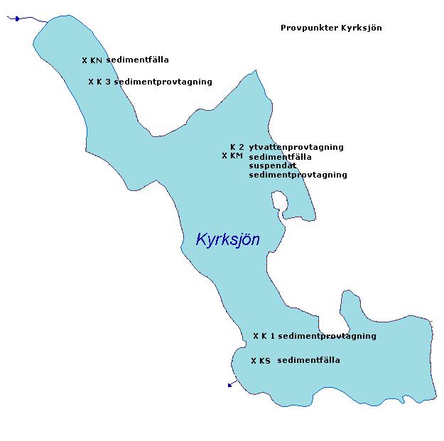 Figur 3. Kartor över Kyrksjön visande de olika provpunkterna samt vad som gjorts i respektive provpunkt. Den huvudsakliga markanvändningen i området runt Tjursbosjön och Ekenässjön är skogsbruk.