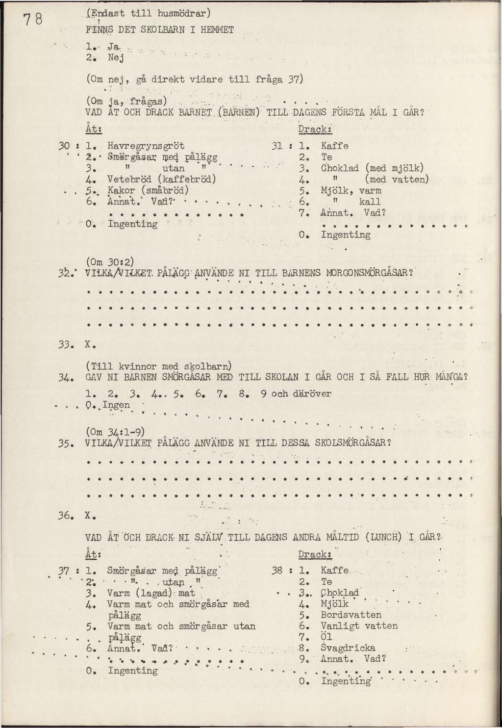 7 8 i Edast till husmödrar) i FINNS DET SKOLBARN I HEMMET 1 Ja... 2. Nej ' ' * " : ' (Om ej, gå direkt vidare till fråga 37) (Om ja, frågas) VAD AT OCH DRACK BARNET. Åt: 30 : 1. Havregrysgröt ' ' 2.