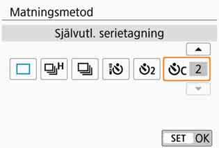 j Använda självutlösaren 1 2 3 Tryck på knappen <YQi>. [Matningsmetod] visas. Välj självutlösare. Tryck på knapparna <Y> <Z> och välj självutlösaren. Tryck sedan på <0>.