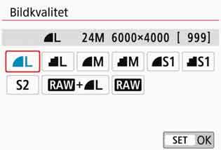 3 Ställa in bildregistreringskvalitet Du kan ställa in pixelantal och bildkvalitet. Det finns nio inställningar av bildregistreringskvalitet: 73, 83, 74, 84, 7a, 8a, b, 1+73, 1.