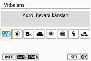 B: Välja inställning utifrån ljuskällan Vitbalans (VB) är till för att få vita områden att se vita ut.