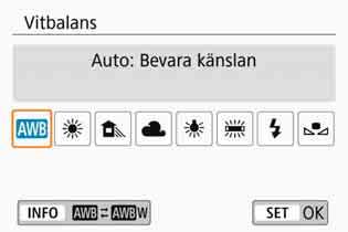 B: Välja inställning utifrån ljuskällan Q Automatisk vitbalans Med [Q] (Bevara känslan) kan du öka intensiteten i bildens varma färgsättning när du tar bilder i glödlampsbelysning.