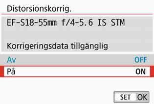 3 Korrigering av objektivaberrationer på grund av optiska egenskapern Kromatisk aberrationsjustering 1 2 3 Distorsionskorrigering 1 2 3 Välj [Kromatisk aberr.korr.]. Välj [På].