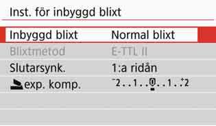 3 Ställa in blixtfunktionenn Visa skärmen med funktionsinställningar för blixt direkt När du använder den inbyggda blixten eller en extern Speedlite ur EX-serien som fungerar med