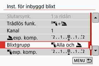 Genom att ändra inställningen för [Blixtgrupp] kan du fotografera med olika trådlösa blixtkonstellationer bestående av flera Speedlite, som kompletteras av den inbyggda blixten.