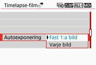 Ställ in bildtagningsintervall (timmar:minuter:sekunder) med [Intervall]. Ställ in antalet bilder med [Antal bilder]. Tryck på <0> så att <r> visas. Välj önskat antal och tryck sedan på <0>.