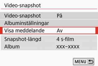 3 Spela in video-snapshots Alternativ i steg 9 och 10 Funktion J Spara som album (steg 9) Beskrivning Filmklippet sparas som det första klippet i ett album med video-snapshots.