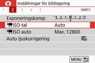 3 Inställningar av menyfunktioner ISO-tal underfilminspelningn Du kan ställa in ISO-talet separat för stillbildsfotografering och filminspelning. Ställ in under fliken [z2].