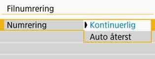 Praktiska funktioner 3 Filnumreringsmetoder Bildfilerna numreras från 0001 till 9999 i den ordning bilderna tas och sparas i en mapp. Du kan ändra hur filnumret tilldelas.
