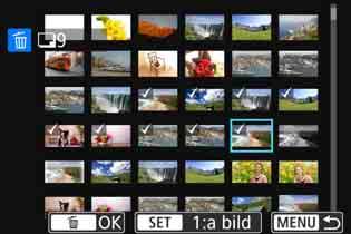 L Radera bilder 3 Ange omfång av bilder som ska raderas Du kan ange ett omfång av bilder för att radera alla bilderna i omfånget på en gång. 1 Välj [Markera omfång].