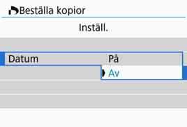 W Digital Print Order Format (DPOF) [Utskriftstyp] [Datum] [Filnummer] Utskriftstyp Datum Filnummer K Standard En bild skrivs ut på ett ark. L Indexbild Flera miniatyrbilder skrivs ut på ett ark.