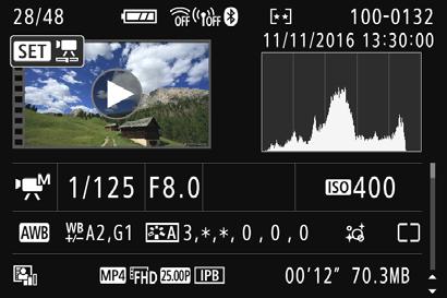 B: Visning av fotograferingsinformation Exempel på filminformationsvisning Bildvisning Bländare Slutartid Filminspelningsmetod/ Timelapse-film Kreativa filter/ digital film-is Registreringsformat