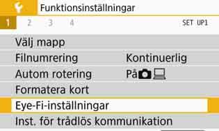 H Använda Eye-Fi-kort Med ett förinställt Eye-Fi-kort, som finns att köpa i handeln, kan du automatiskt överföra bilder som du tagit till en dator eller till en onlinetjänst via trådlöst LAN.