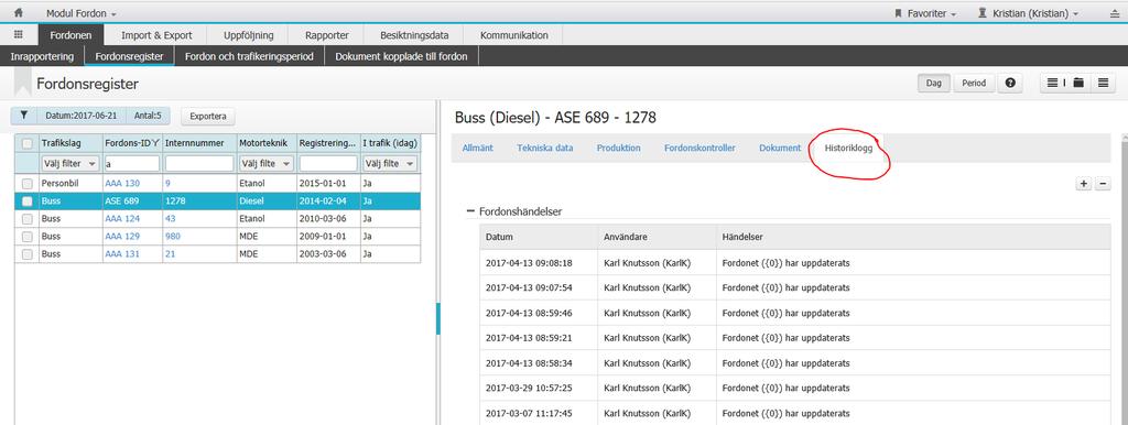 4.5 Fordonsregister Historiklogg I Fordonsregistret finns nu möjlighet att se en