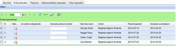 Klicka på Placera markerade Fyll i de obligatoriska uppgifterna (se under rubriken Placera ett barn) Om samma uppgift gäller för alla barn fyller du i den högst upp och klickar på