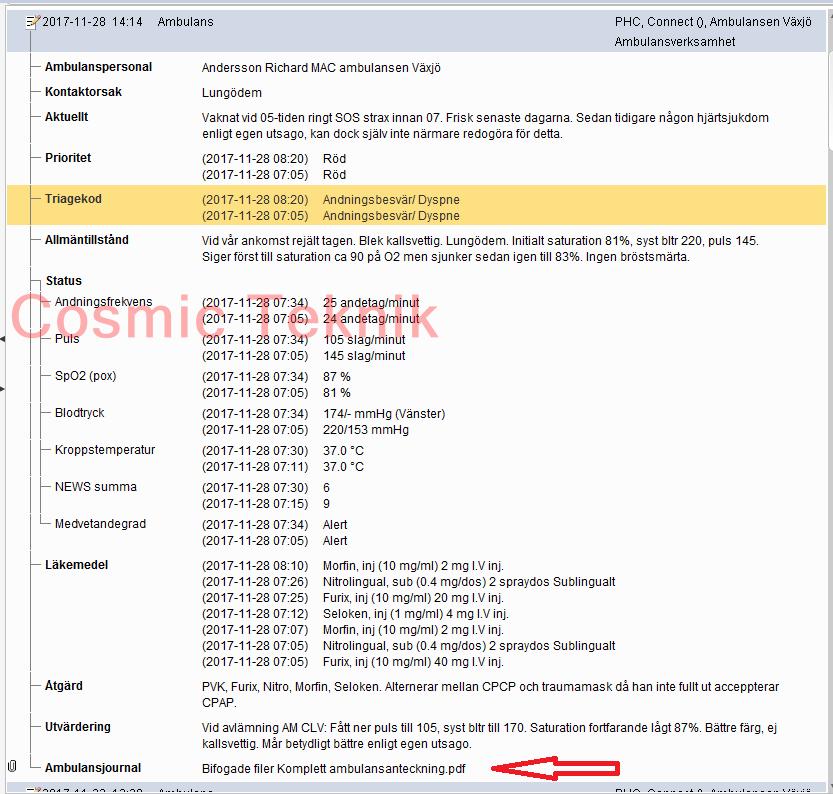 Nedan visas ett exempel på anteckning automatiskt överförd till Cambio Cosmic. Observera fullständig ambulansjournal som bifogad pdf-fil vid den röda pilen.