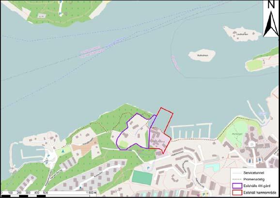 38 Fastighetsgränser Eolshäll Planerat hamnområde markerat i rött Konsekvenser sjötransporter En hamn innebär ett stort ingrepp som berör fler än närboende Hamn för färjetransport ungefär 50% av