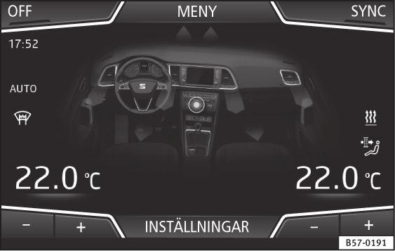 Användning av Climatronic genom Easy Connect-systemet* 3 Gäller bilar med Media System Plus/Navi System/Navi System Plus. Bild 184 Easy Connect-skärmen: luftkonditioneringsmeny.