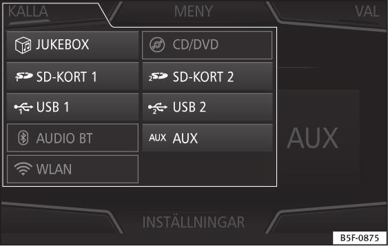 Ändra mediekälla Infotainmentsystem Andra mediakällor Funktionsknapp: mediakälla JUKEBOX a) Intern hårddisk (SSD) sidan 209.