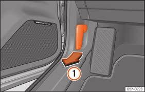 Motorhuv Bild 13 Lossa spaken vid förarens fotutrymme. Bild 14 Spak under motorhuven Öppna motorhuven Motorhuven öppnas från insidan av bilen.