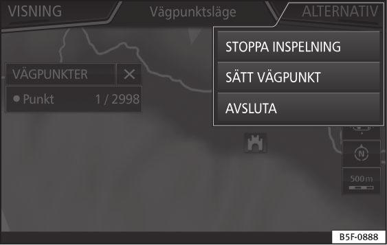 Funktionsknapp: funktion AVSLUTA : Avslutar offroad-navigeringen. Inspelning av offroad-sträcka Infotainmentsystem I menyn Offroad-navigering, tryck på funktionsknappen SÄTT VÄGPUNKT.