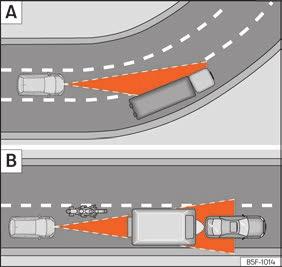 Förarstödsystem Speciella körsituationer Bild 264 (A) Fordon i en kurva. (B) Framförvarande motorcyklist utanför radarsensorns räckvidd. Bild 265 (C) Fordon som byter fil.