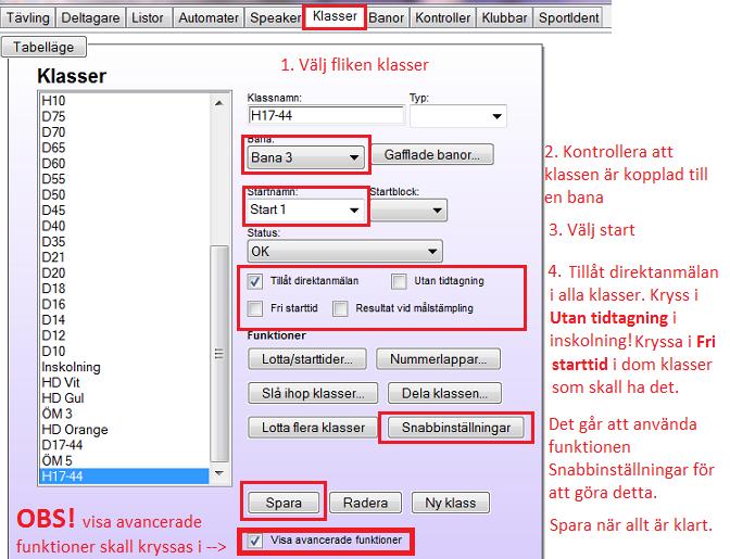 7 Klassinställningar och koppla banor till klasser Banorna är redan kopplade till klasser såvida den som skapat OCAD-filen gjort rätt.