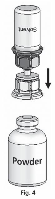 Sätt den blå delen av Mix2Vial på flaskan med spädningsvätska och tryck bestämt tills det klickar (Fig 2+3). 4.