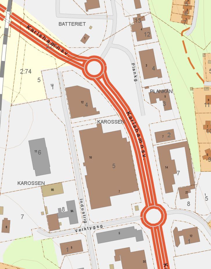 4(11) Nytt planområde Karlshamnsvägen Huvudväg med separat GC-väg på östra sidan av vägen samt en separat gångväg på den västra.