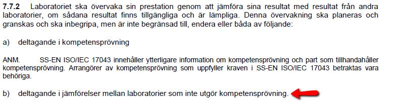 Provningsjämförelser Krav på provningsjämförelser enligt ISO 17025: Samma referensobjekt skickas runt och provas och