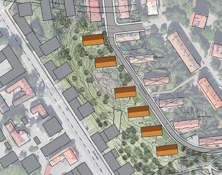 Utredningsområdet Årstastråket etapp 3, föreslagen markanvisning till HSB, röd markering.