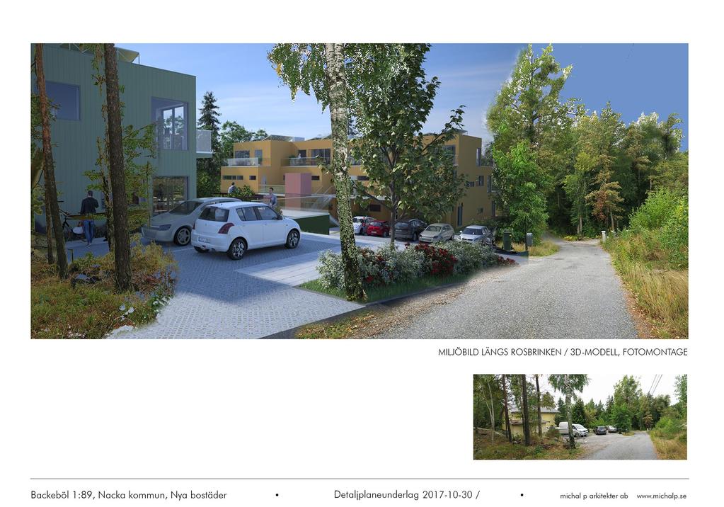 Planbeskrivning Solbrinken-Grundet 17 (46) Exempelutformning flerbostadshus i 3 våningar (t.h.) och radhus i 2 våningar (t.v.) vid Rosbrinken (Michal P Arkitekter, 2017). Vy mot väst.
