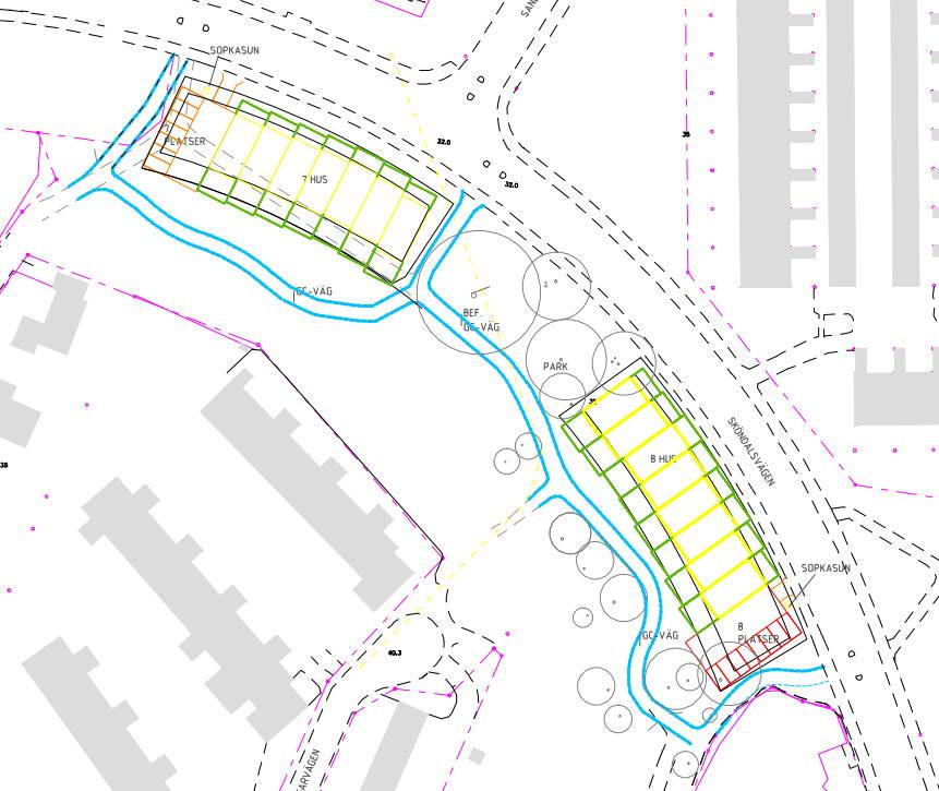 L1 L2 Finbagarvägen Figur 2. Planområdet efter omdaning. Området bebyggs med två radhuslängor med tillhörande parkeringsytor.