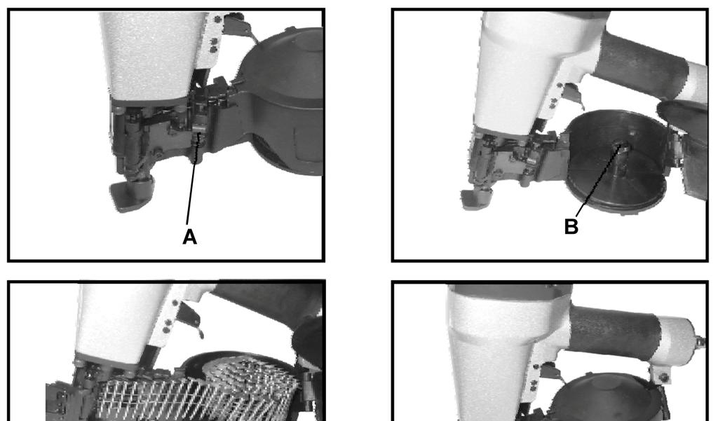 ENGLISH 3. Turn the adjuster nut and move the plate up or down to a suitable position for the length of fastener, according to the markings on the lower part of the magazine. 4.