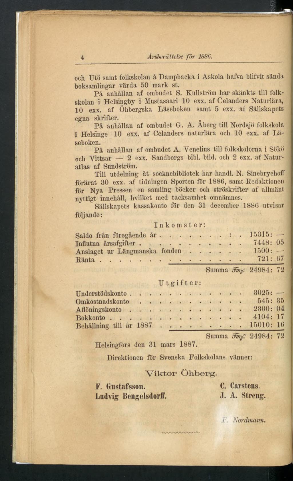 4 Årsberättelse fór 1886. och Utö samt folkskolan å Dampbacka i Askola hafva blifvit sända boksamlingar värda 50 mark st. På anhållan af ombudet S.