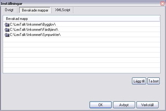 Fliken Bevakade mappar På fliken bevakade mappar hanterar man de sökvägar som LexTalk ska bevaka.