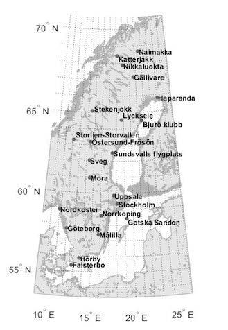 Figur 1. Karta över Sverige som visar de 22 av SMHI:s meteorologiska observationsstationer som använts i studien. 3.3 Verifieringsmetoder Temperaturprognosdata från SMHI och från met.