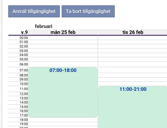 För att ändra eller ta bort ett tillgänglighetspass klickar du på det passet och väljer Ta bort. Om du vill lägga dig tillgänglig en längre period klickar du på knappen Anmäl tillgänglighet.