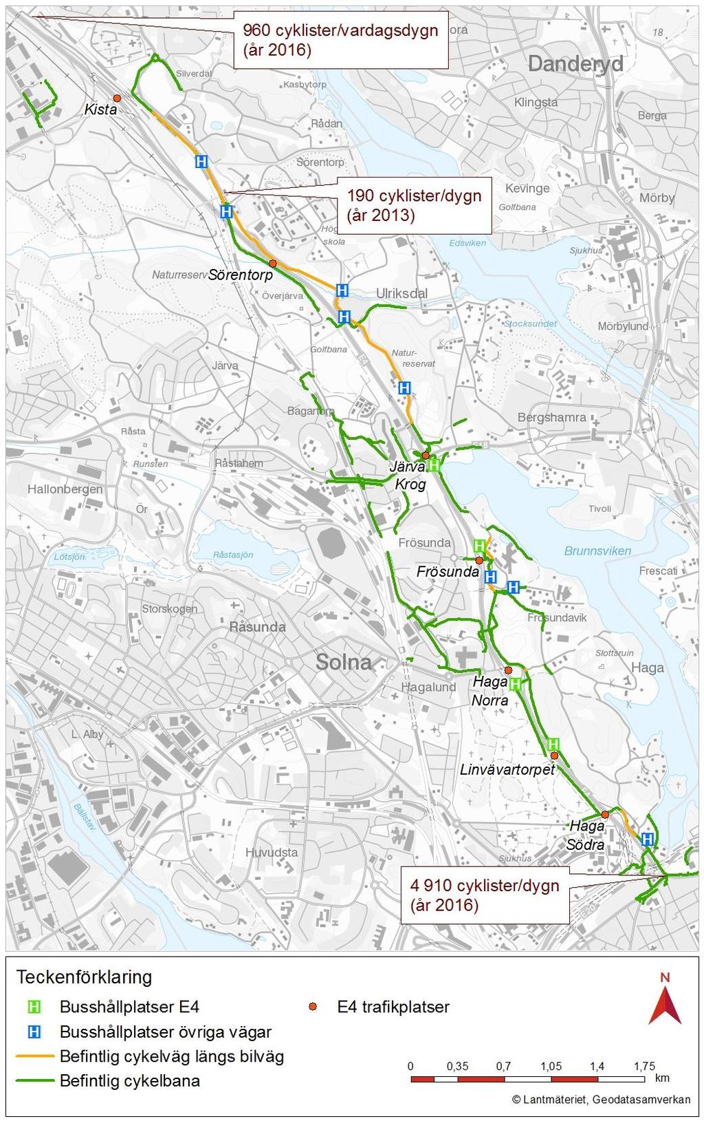 Figur 13. Befintliga cykelvägar, busshållplatser samt mätningar av mängden cyklister i området.