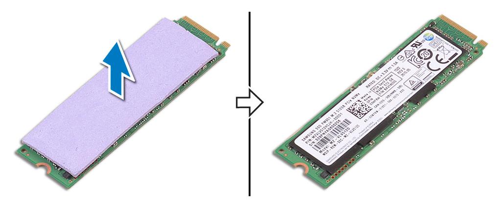 Installera M.2 halvledarenhet (SSD) 1 Sätt fast den termiska kudden på halvledarenheten. OBS: Det termiska skyddet är tillämpligt bara för ett PCIe SSD-kort.
