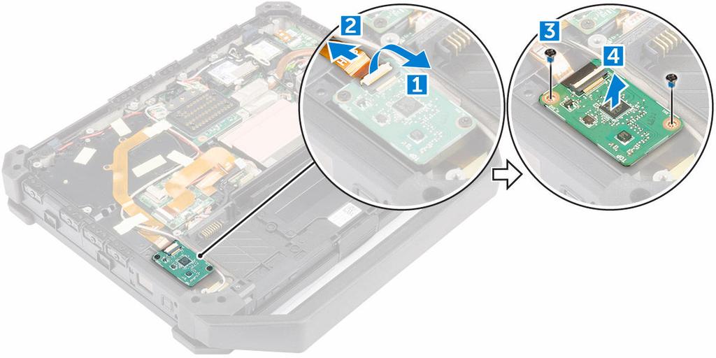 Installera MEMS-kortet 1. Sätt MEMS-kortet på plats i kortplatsen. 2. Dra åt skruvarna som håller fast MEMS-kortet. 3. Anslut kabeln till MEMS-kortet. 4. Installera: a. kåpan b. batteriet 5.